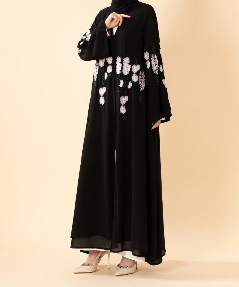Luxury Floral Embroidered Double-Layer Chiffon Open Abaya(MOA308)