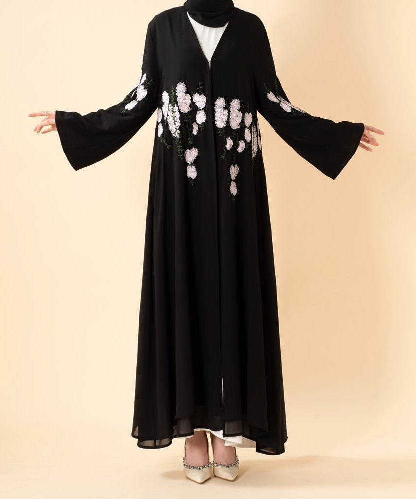 Luxury Floral Embroidered Double-Layer Chiffon Open Abaya(MOA308)