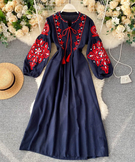 Bohemian Embroidered Linen-Look Maxi Dress(MS460)