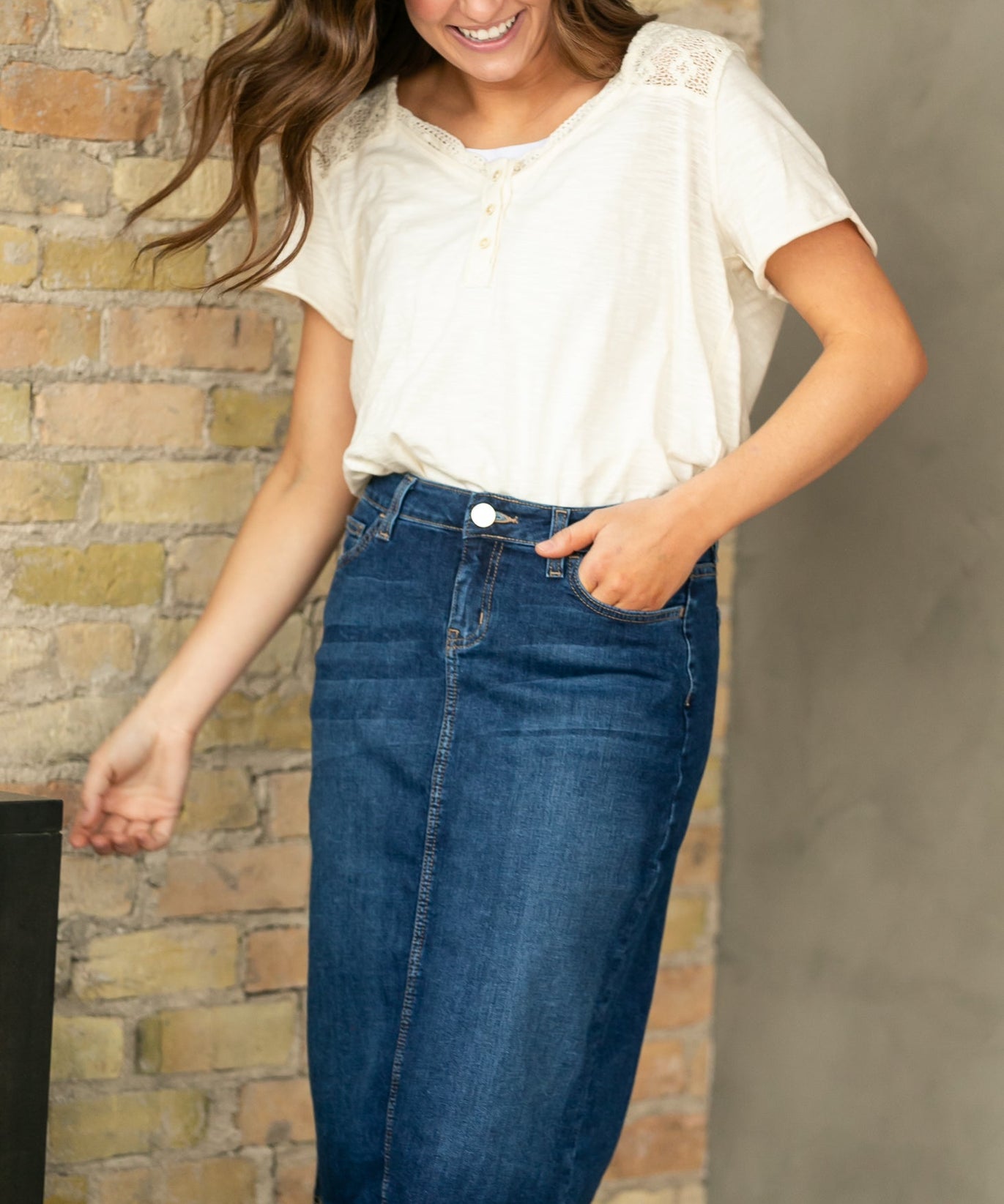 Bryn Dark Wash Denim Midi Skirt