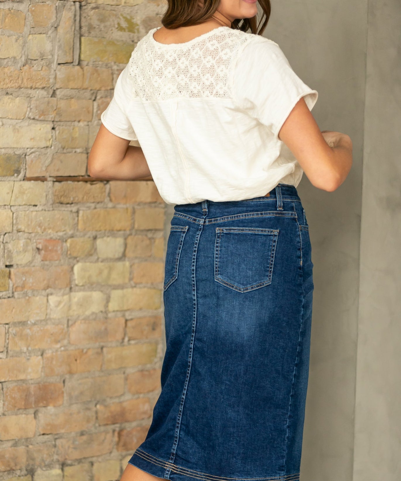 Bryn Dark Wash Denim Midi Skirt