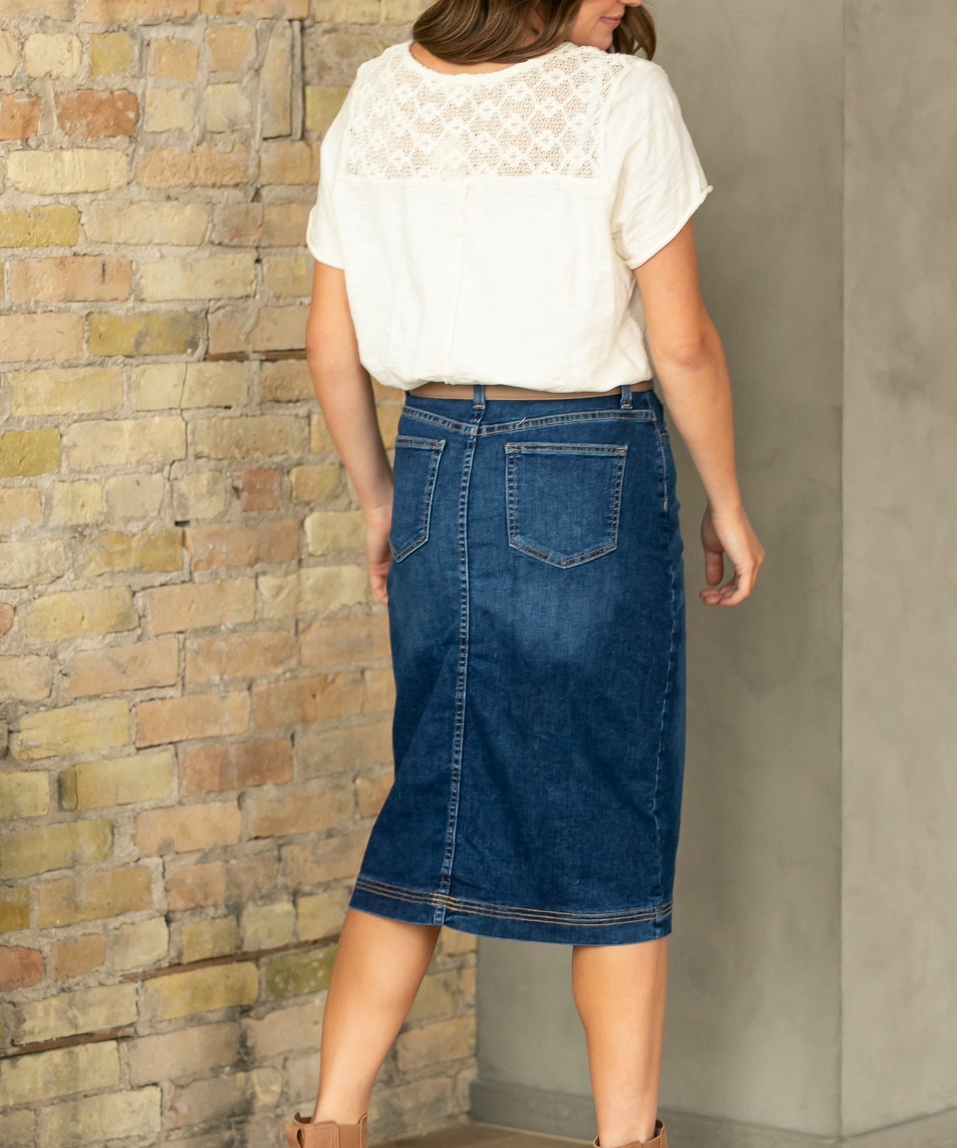 Bryn Dark Wash Denim Midi Skirt