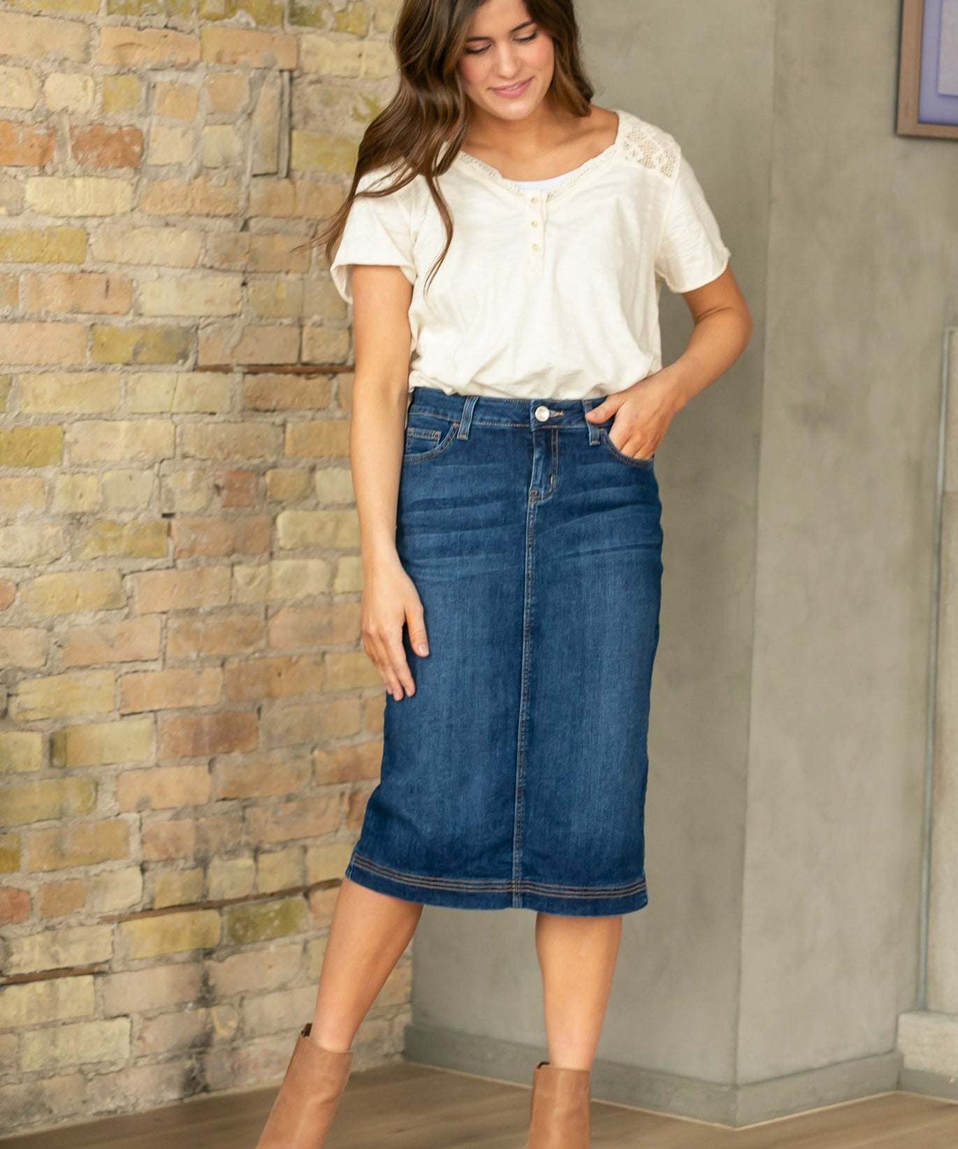 Bryn Dark Wash Denim Midi Skirt