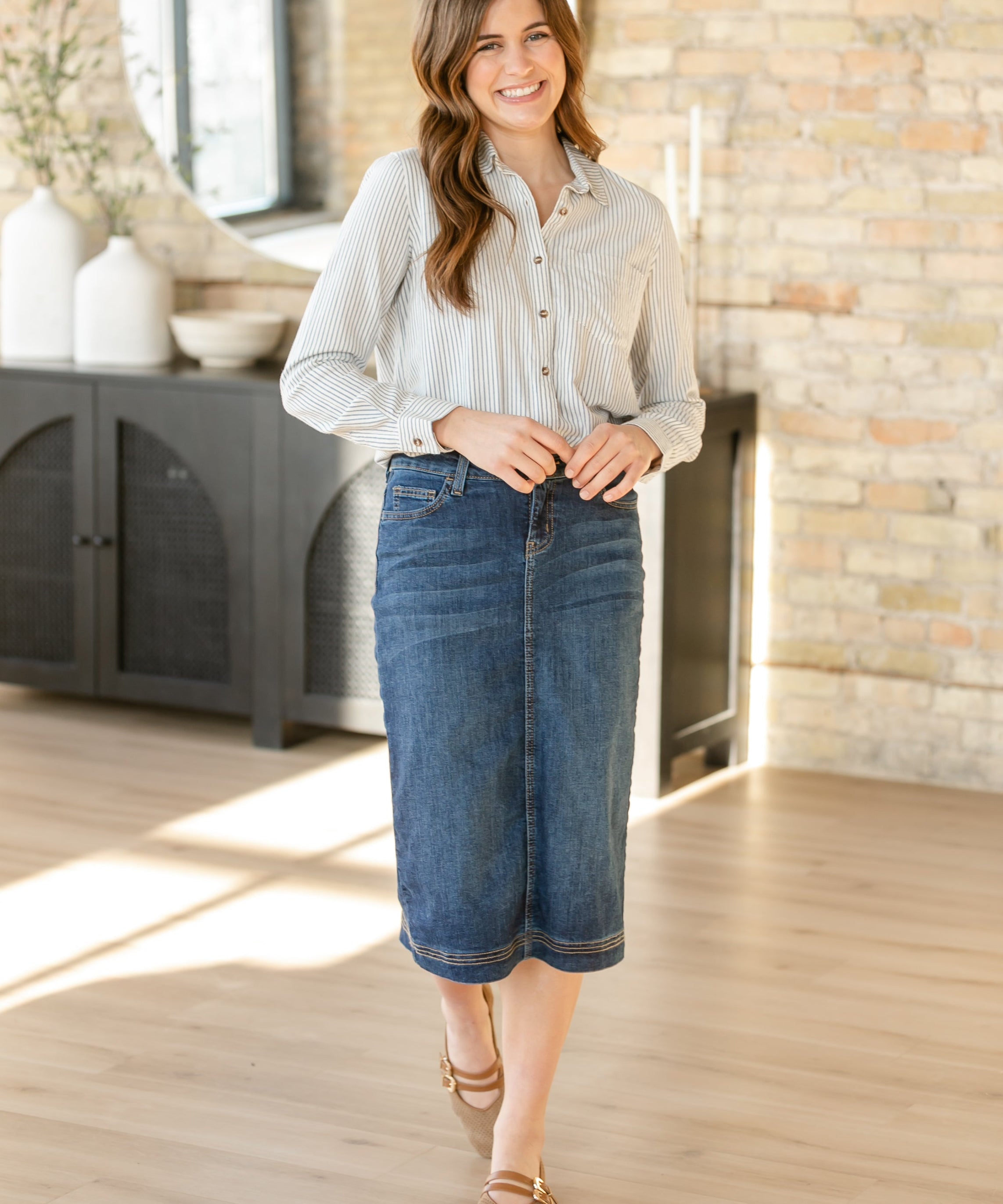 Bryn Dark Wash Denim Midi Skirt