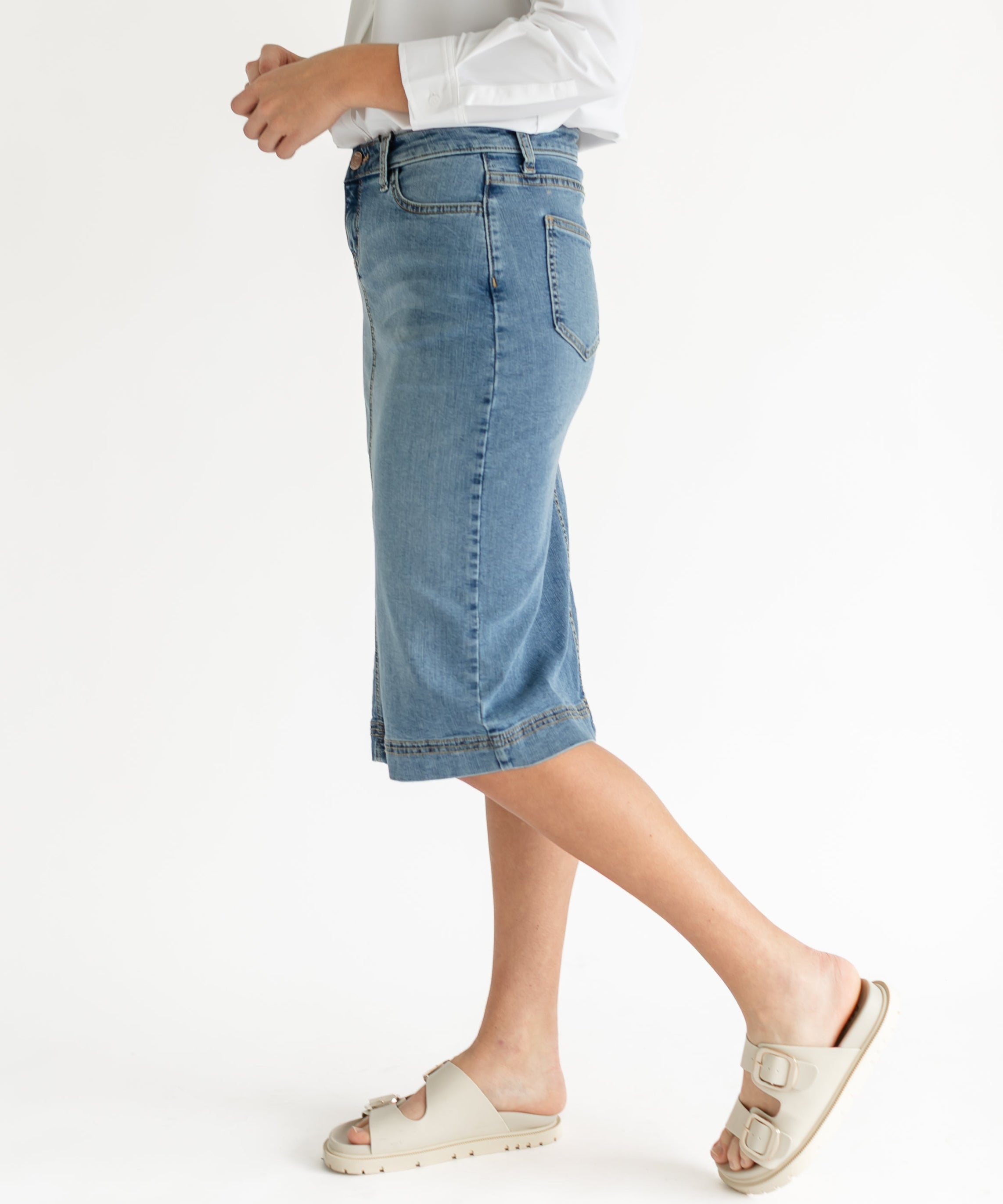 Bryn Light Wash Denim Midi Skirt