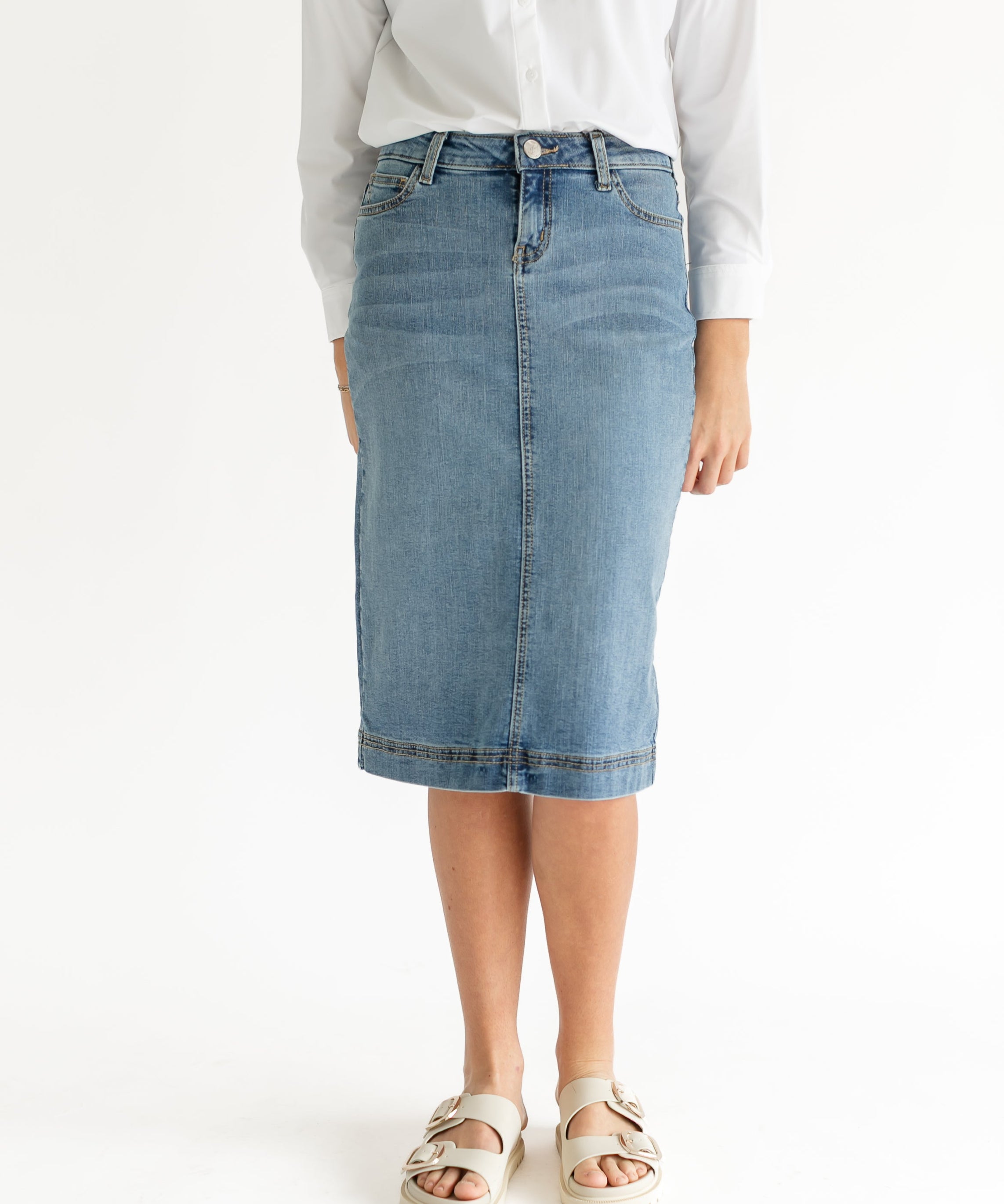 Bryn Light Wash Denim Midi Skirt