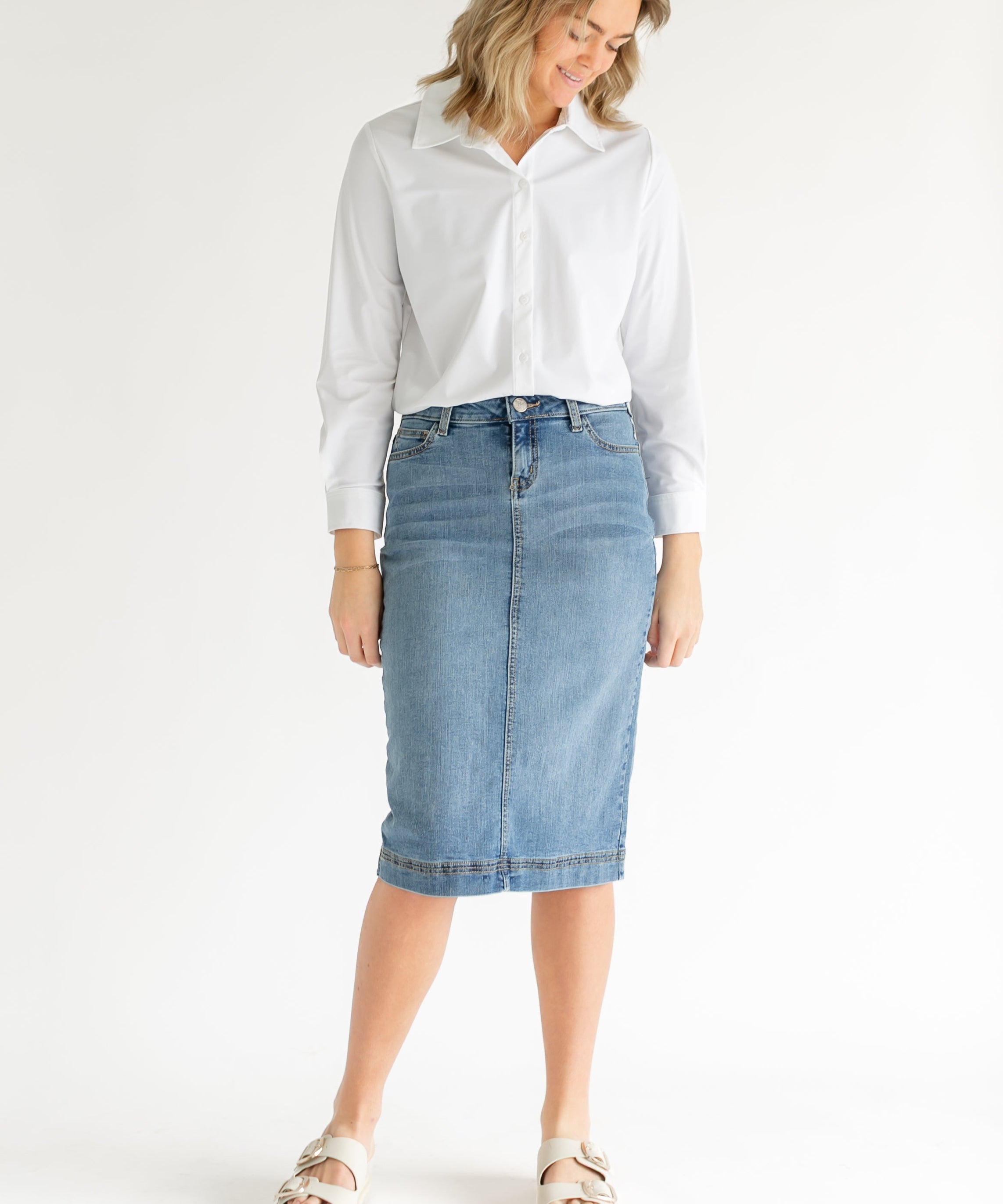 Bryn Light Wash Denim Midi Skirt