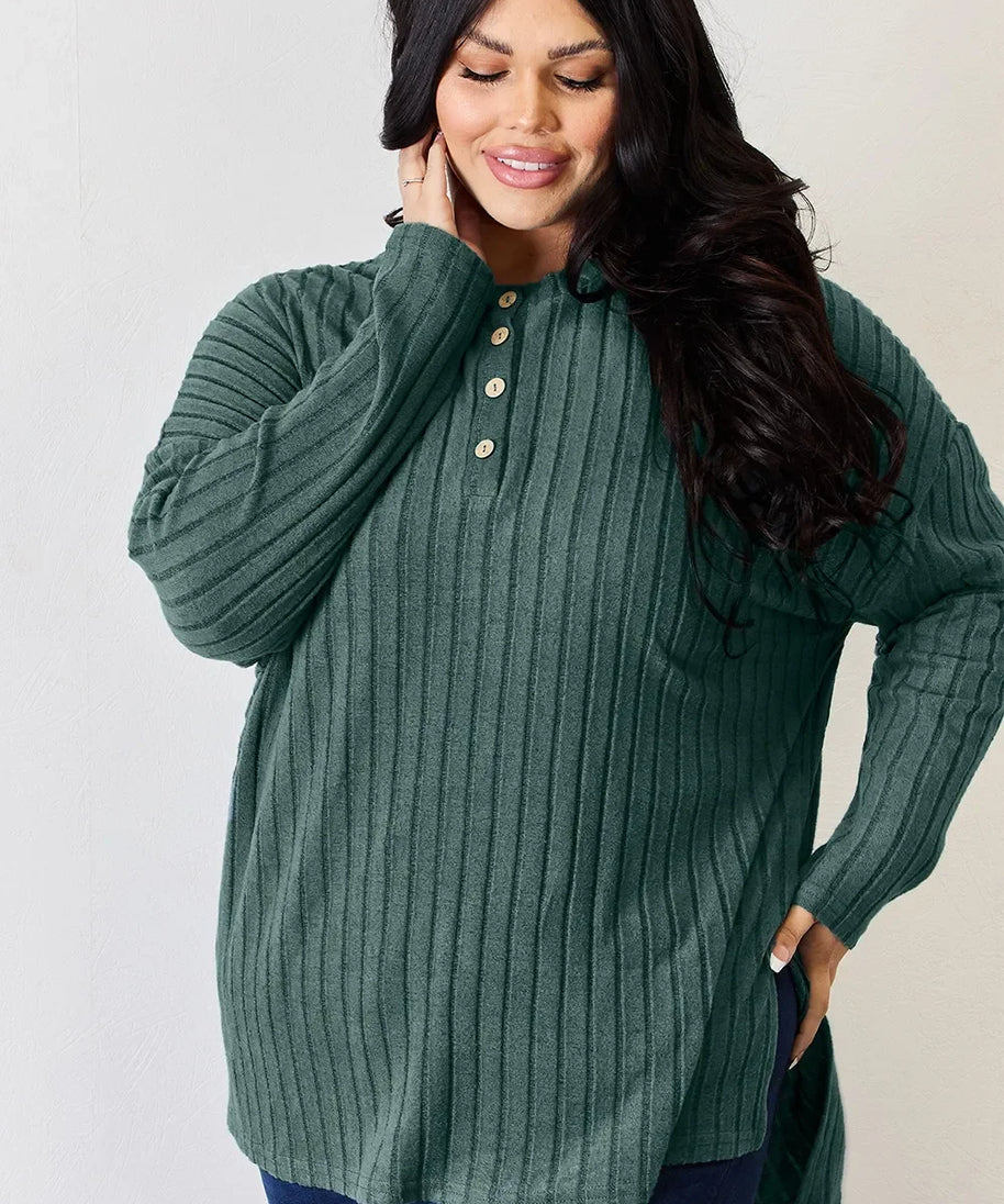Basic Bae Full Size Ribbed Half Button Long Sleeve High-Low T-Shirt