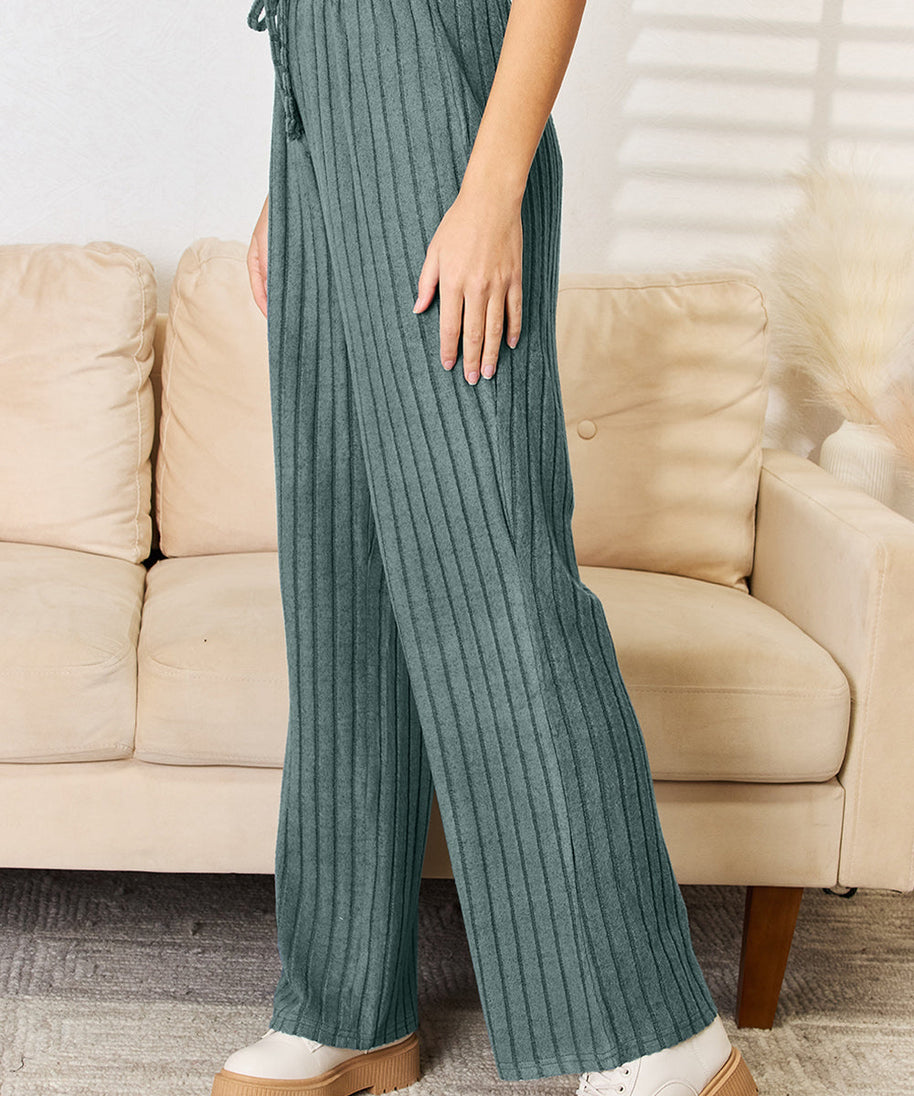 Basic Bae Full Size Ribbed Drawstring Hooded Top and Straight Pants Set