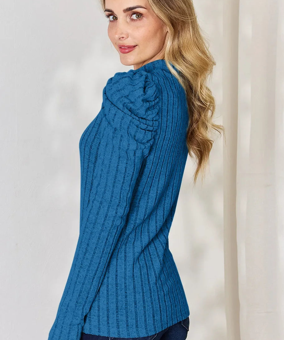 Basic Bae Full Size Ribbed Mock Neck Puff Sleeve T-Shirt