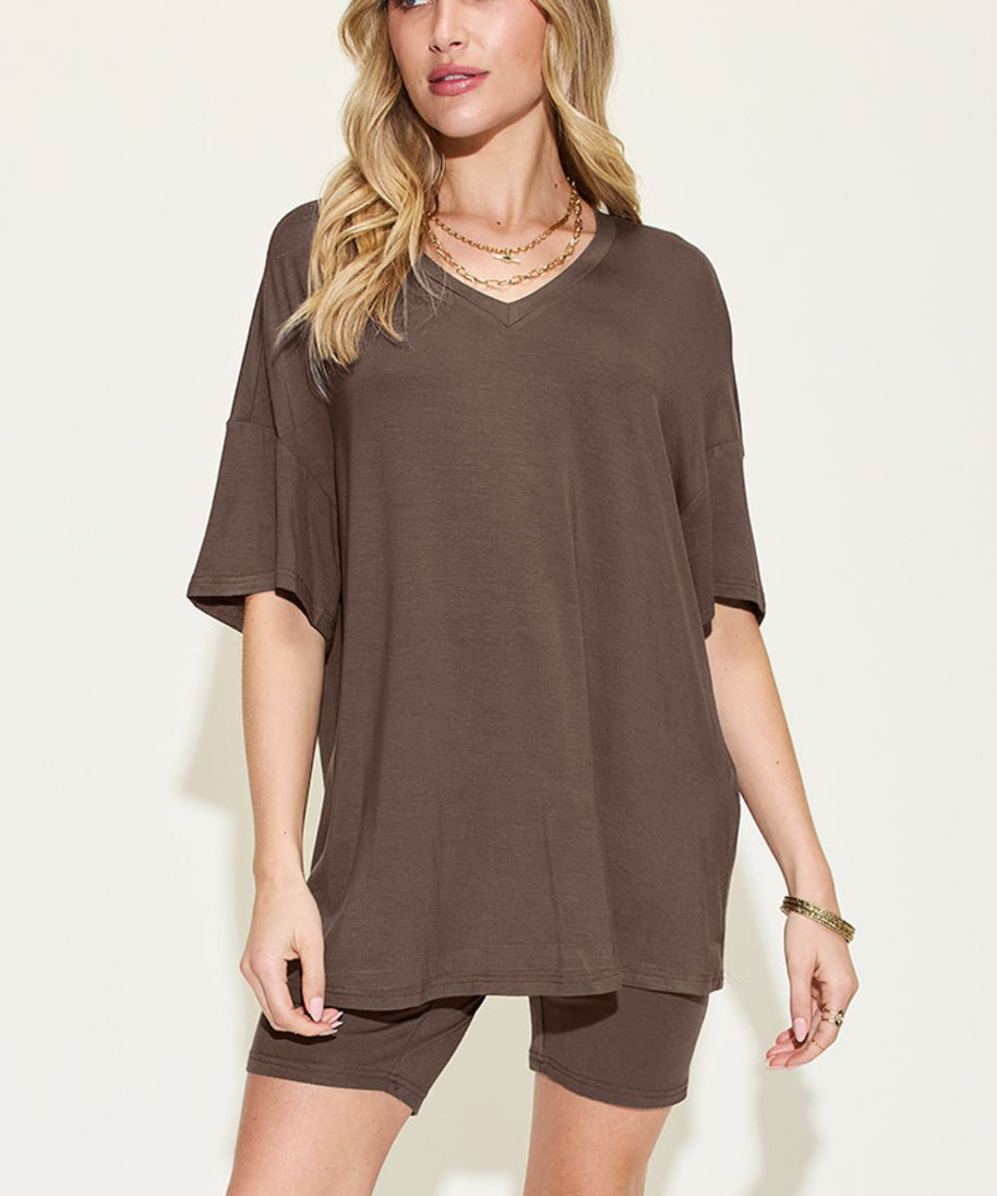 Basic Bae Full Size V-Neck Drop Shoulder T-Shirt and Shorts Set