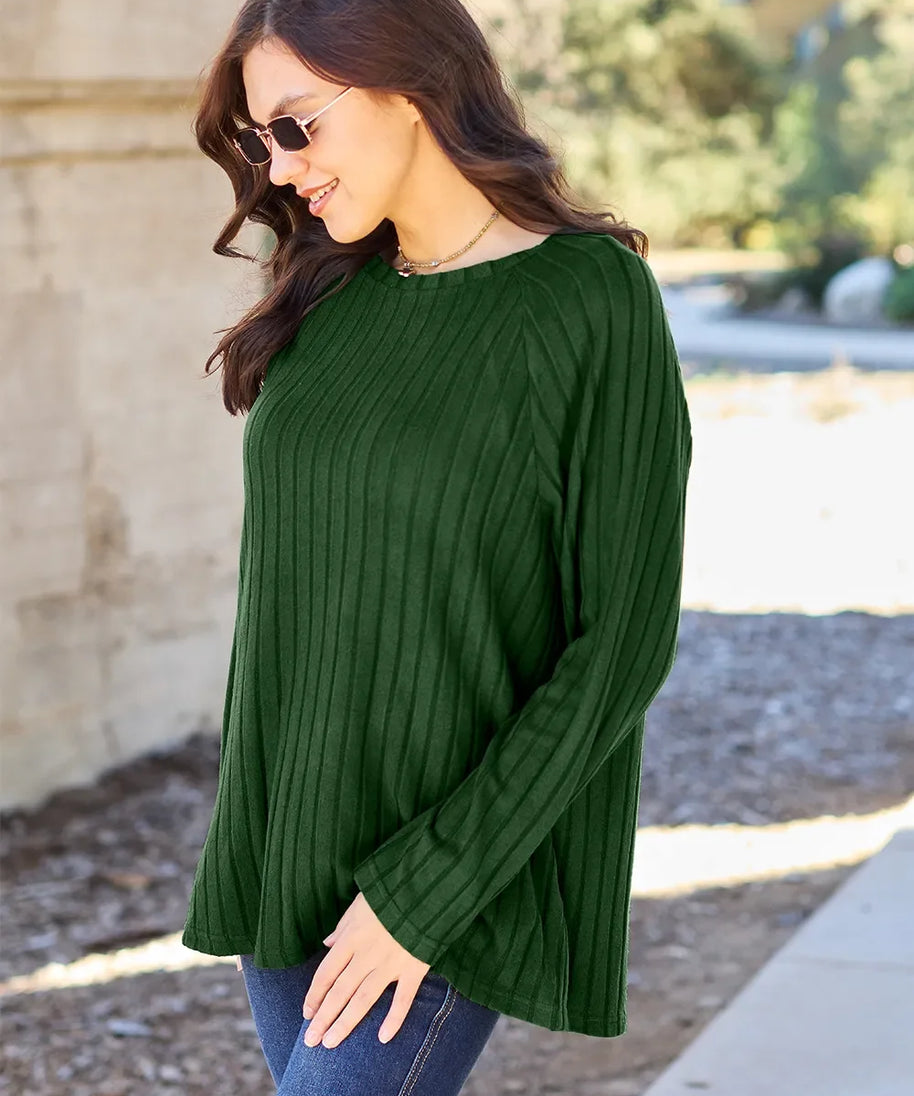 Basic Bae Full Size Ribbed Round Neck Long Sleeve Knit Top