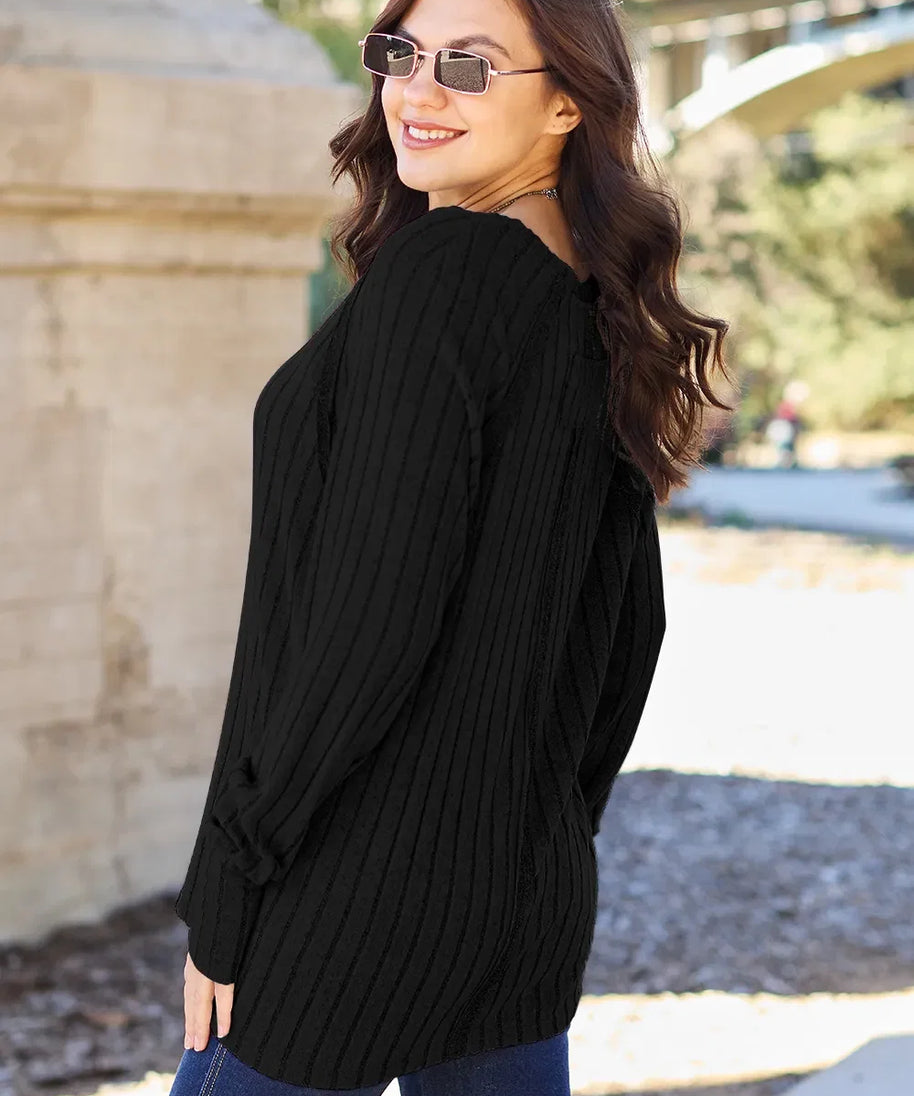 Basic Bae Full Size Ribbed Round Neck Long Sleeve Knit Top