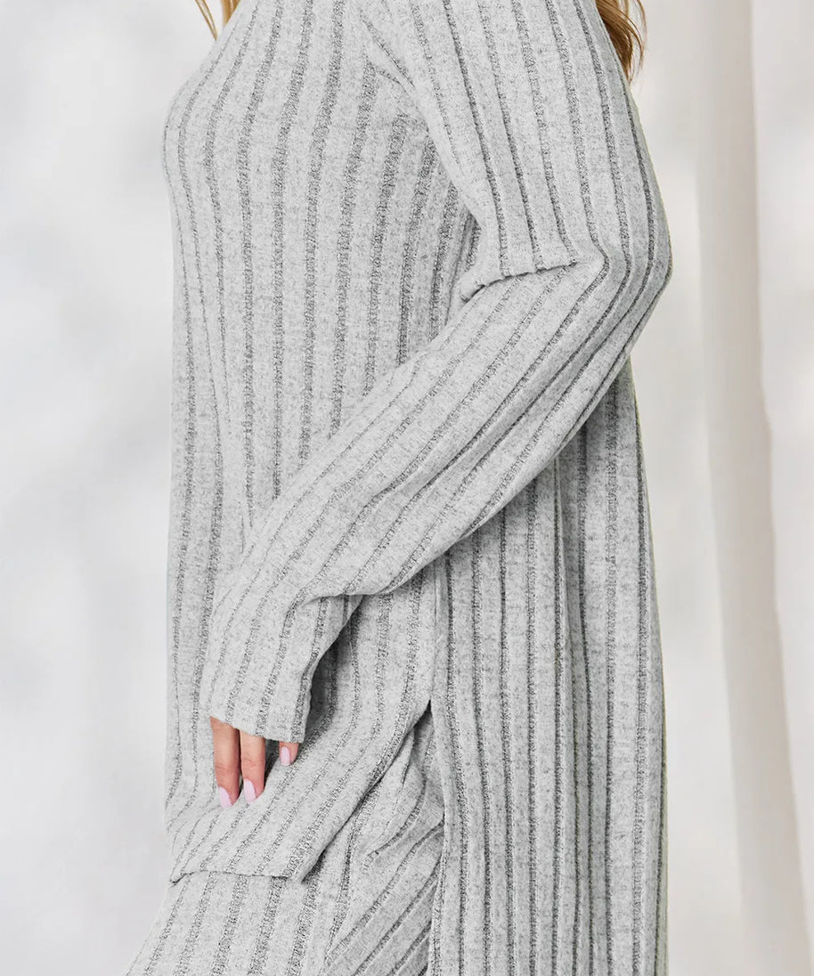Basic Bae Full Size Ribbed High-Low Top and Wide Leg Pants Set