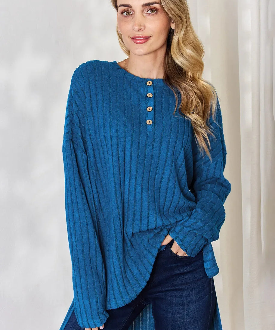 Basic Bae Full Size Ribbed Half Button Long Sleeve High-Low T-Shirt