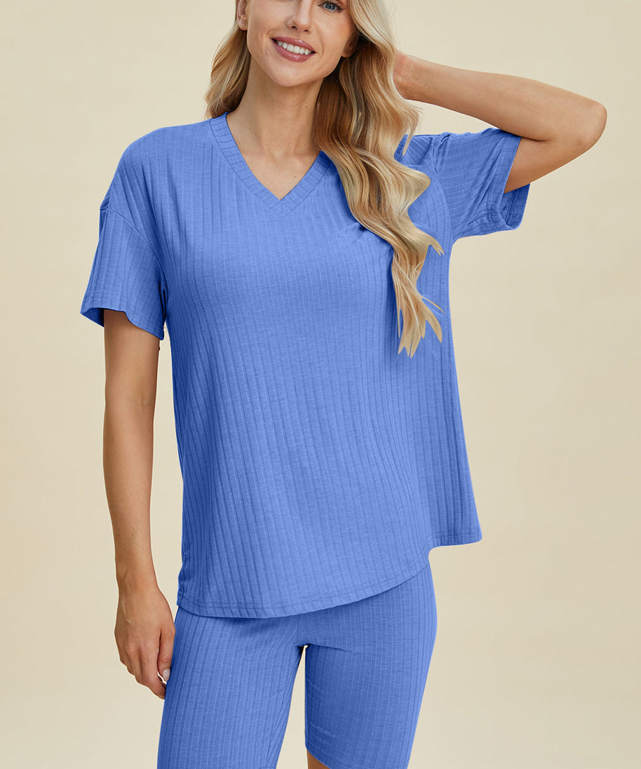 Basic Bae Full Size Ribbed V-Neck Short Sleeve Top and Shorts Set