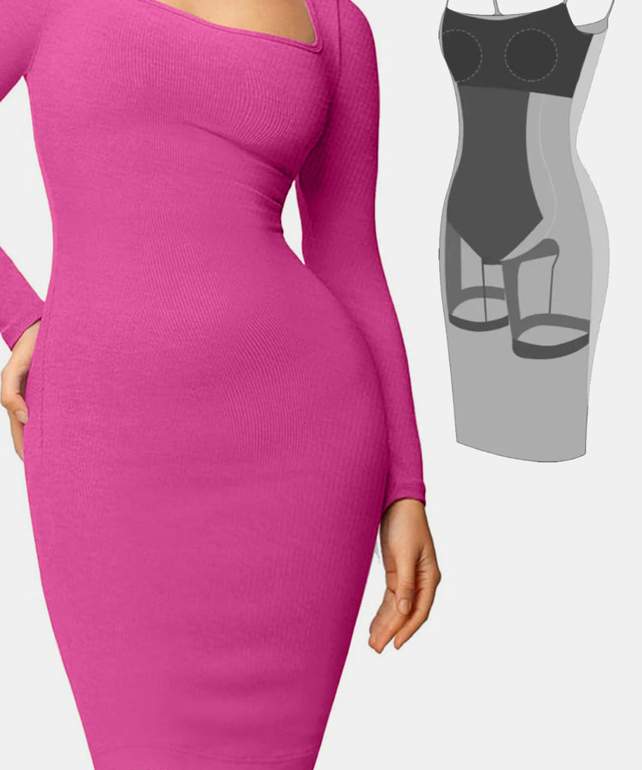 Basic Bae Full Size Built-In Shapewear Square Neck Long Sleeve Dress