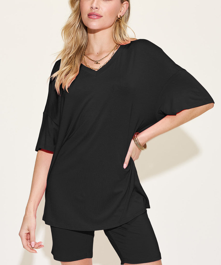 Basic Bae Bamboo Full Size  V-Neck Drop Shoulder T-Shirt and Shorts Set