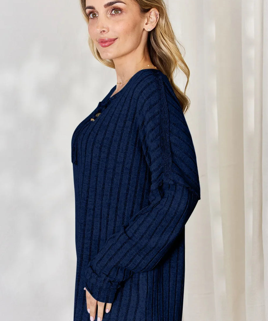 Basic Bae Full Size Ribbed Half Button Long Sleeve T-Shirt