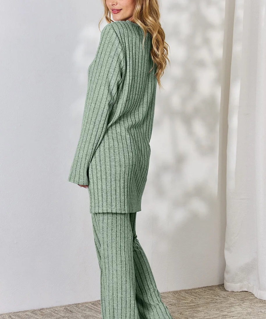 Basic Bae Full Size Ribbed High-Low Top and Wide Leg Pants Set