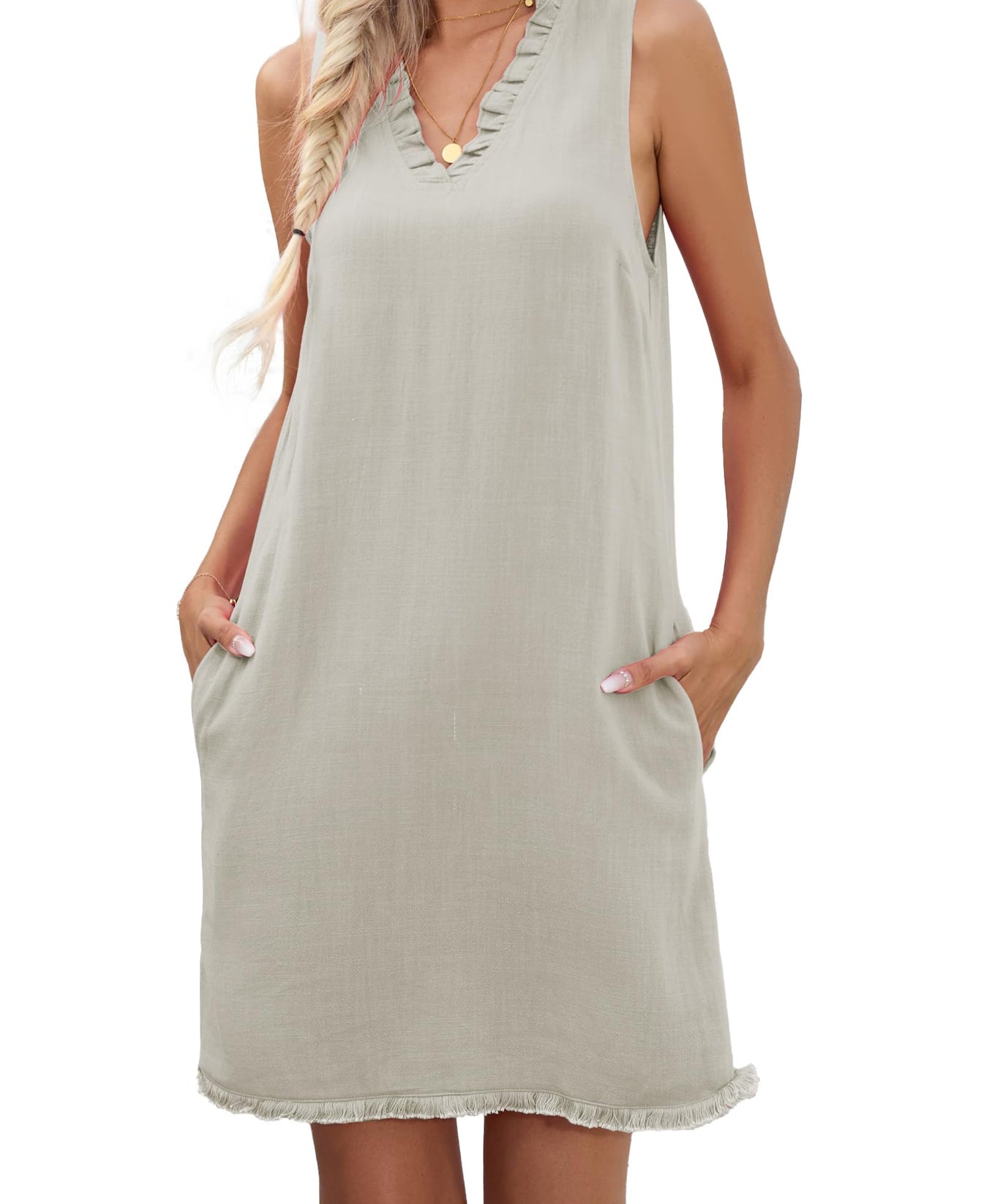 Famulily Summer Linen Dress Tank Dress for Women Work Shift Dress Linen Tank Dress for Women Sundresses for Women Khaki S