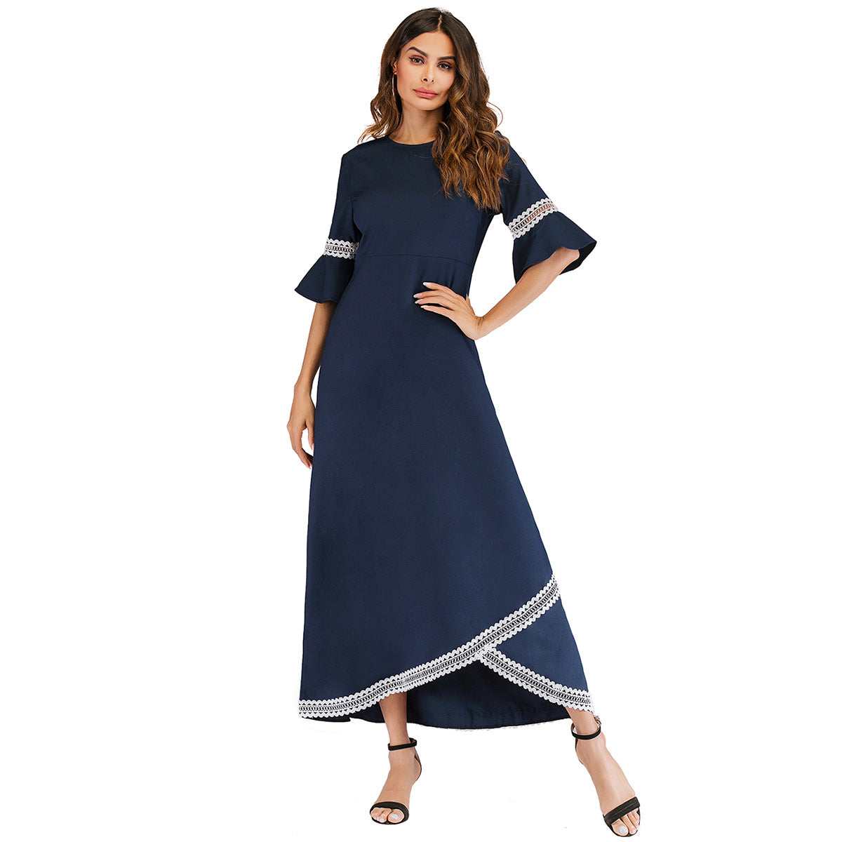 Muslim Long Dress with Lace Trim and Flare Sleeves