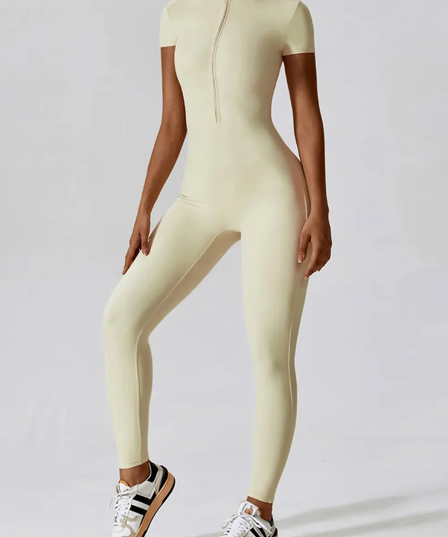Basic Bae Half Zip Short Sleeve Active Jumpsuit