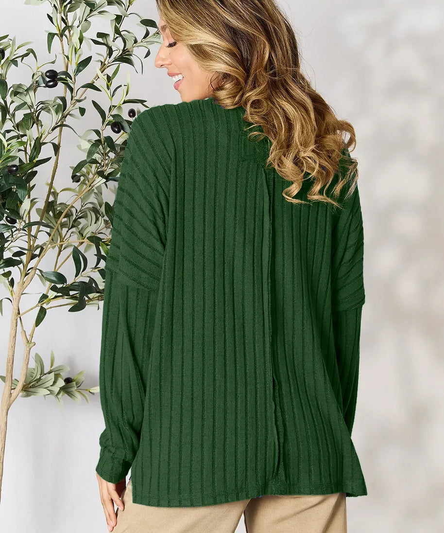 Basic Bae Full Size Ribbed Round Neck Slit Knit Top