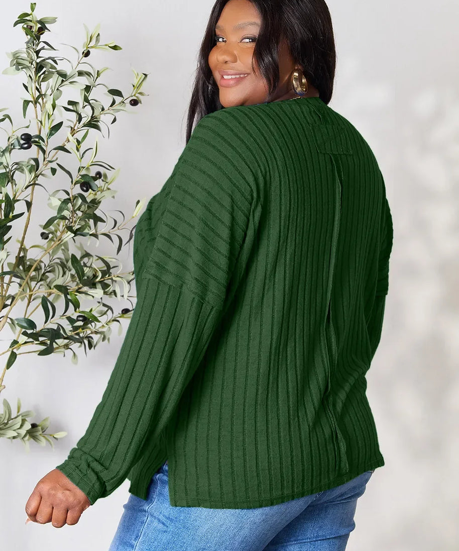 Basic Bae Full Size Ribbed Round Neck Slit Knit Top