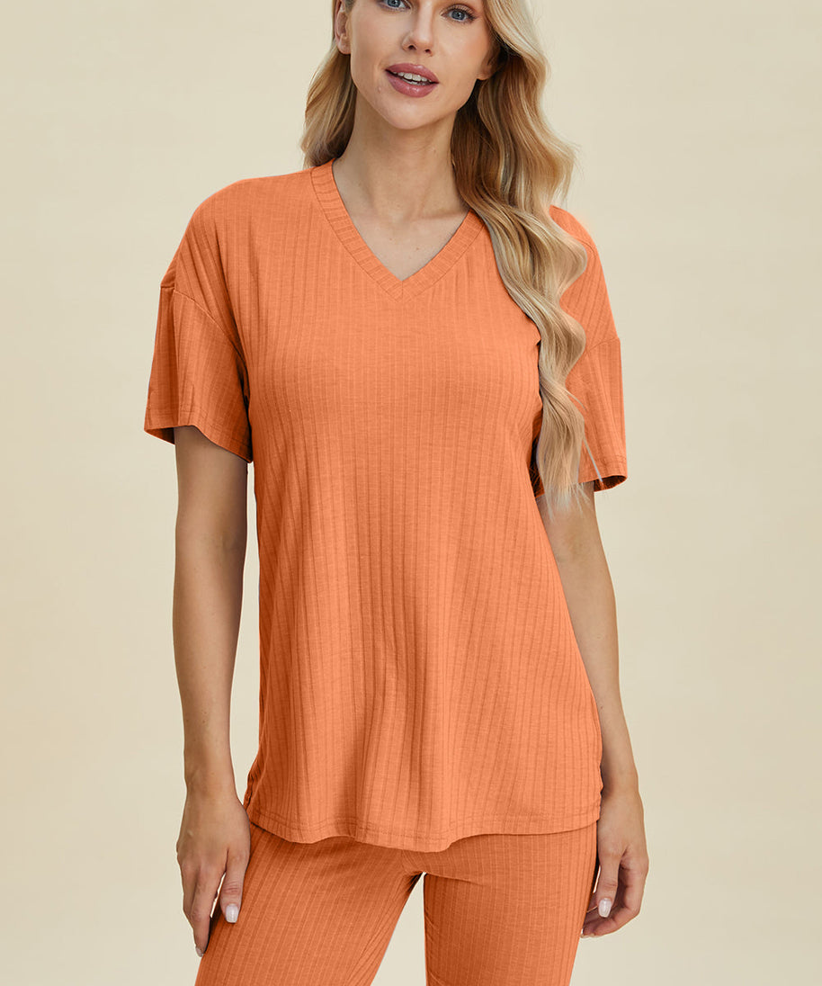 Basic Bae Full Size Ribbed V-Neck Short Sleeve Top and Shorts Set