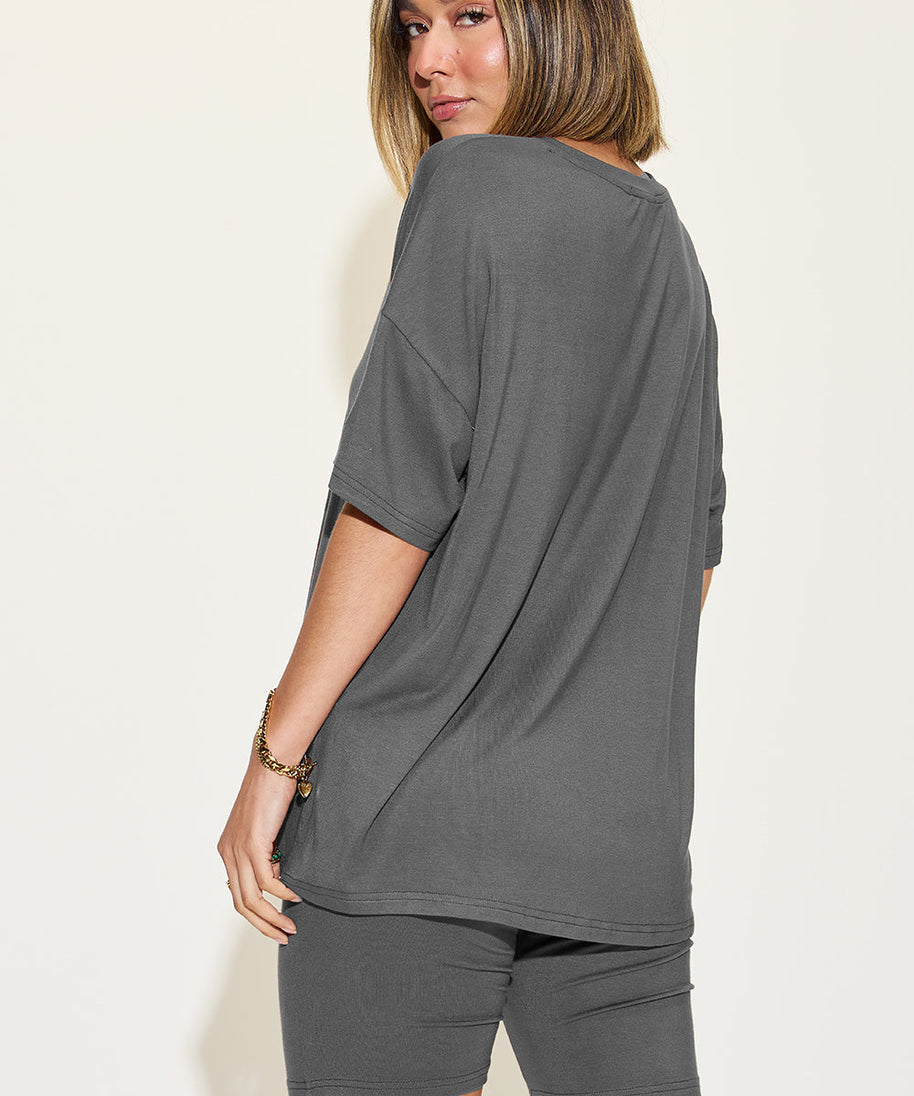 Basic Bae Full Size V-Neck Drop Shoulder T-Shirt and Shorts Set