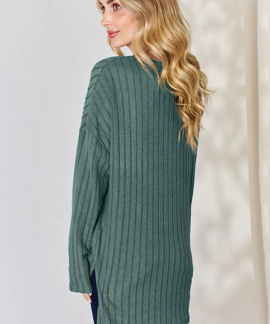 Basic Bae Full Size Ribbed Half Button Long Sleeve High-Low T-Shirt
