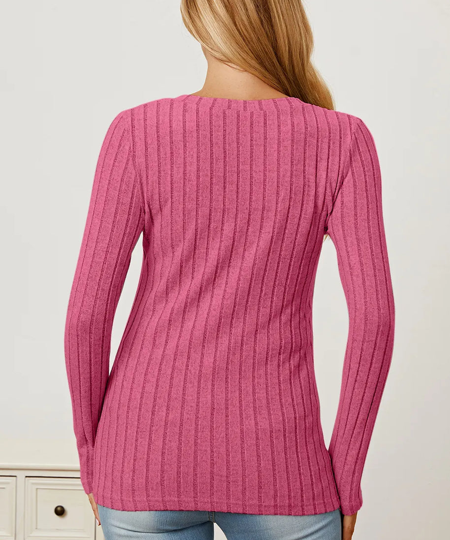 Basic Bae Full Size Ribbed V-Neck Long Sleeve T-Shirt