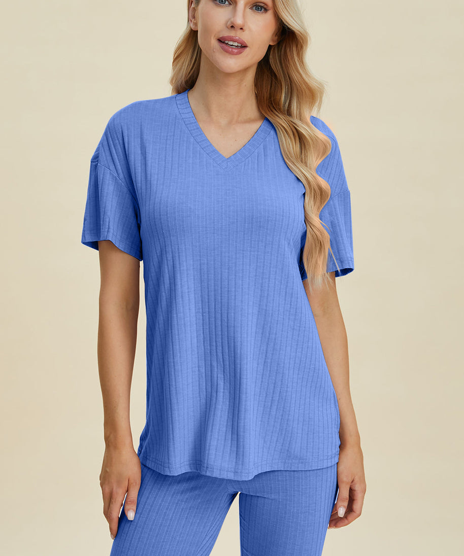 Basic Bae Full Size Ribbed V-Neck Short Sleeve Top and Shorts Set