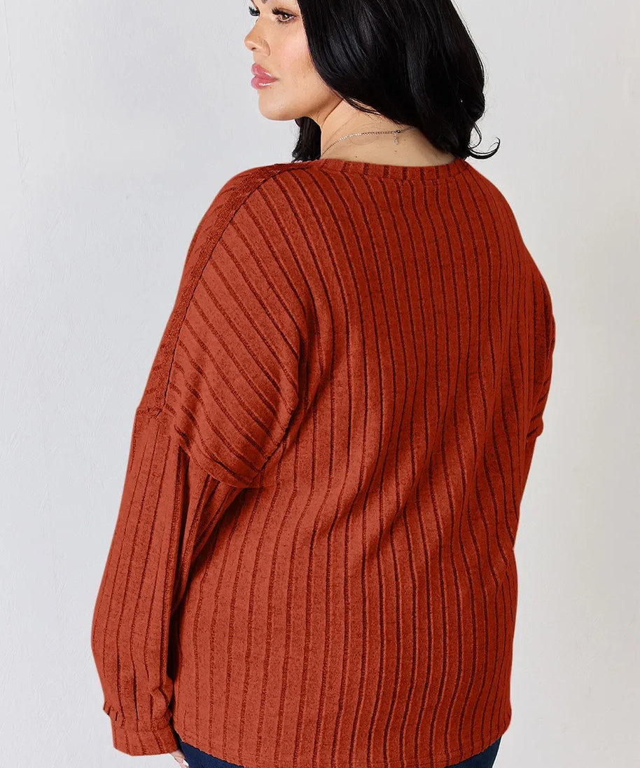 Basic Bae Full Size Ribbed Half Button Long Sleeve T-Shirt