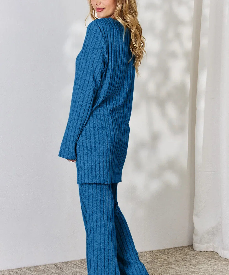 Basic Bae Full Size Ribbed High-Low Top and Wide Leg Pants Set