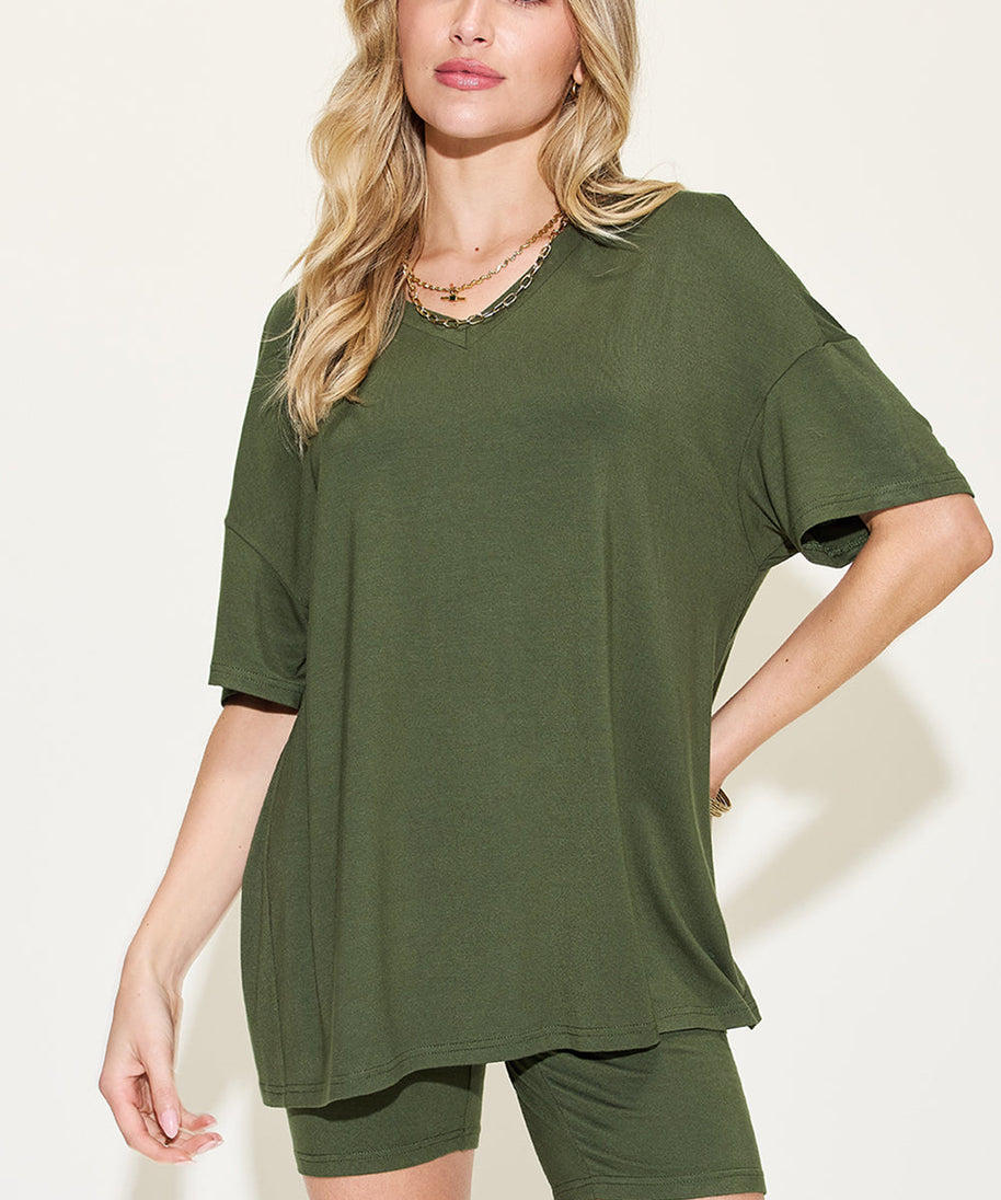 Basic Bae Full Size V-Neck Drop Shoulder T-Shirt and Shorts Set