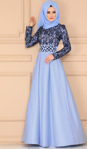 Stylish Color Block Muslim Long Dress with Lace Sleeves
