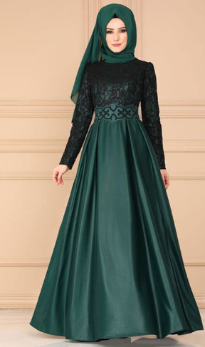Stylish Color Block Muslim Long Dress with Lace Sleeves