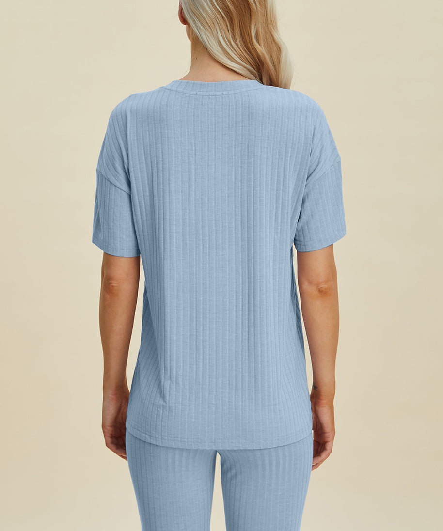 Basic Bae Full Size Ribbed V-Neck Short Sleeve Top and Shorts Set
