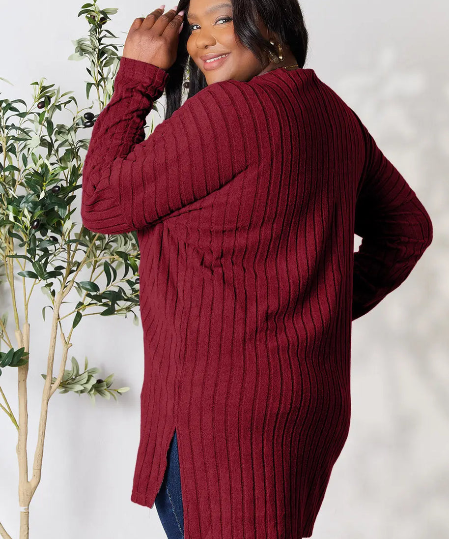 Basic Bae Full Size Ribbed Round Neck Long Sleeve Slit Top