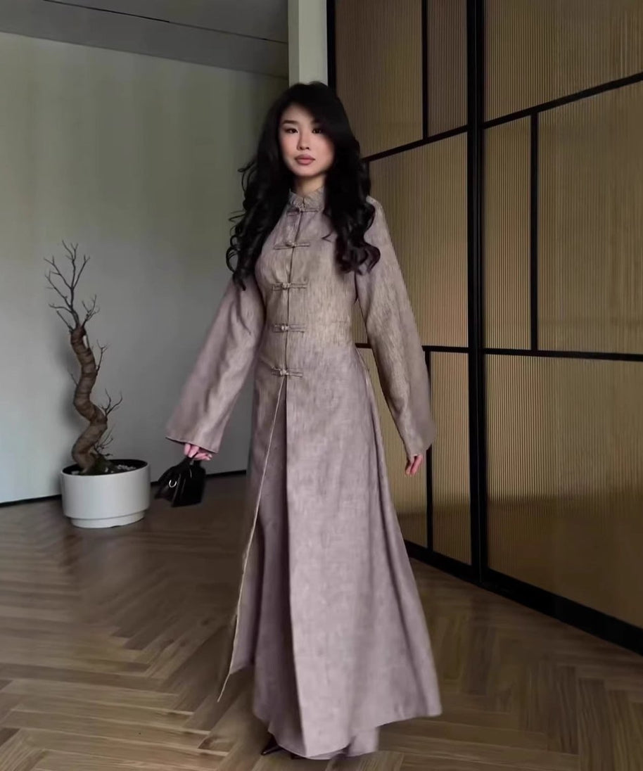 Chinese Frog Button Stand Collar Top & Wide-Leg Maxi Skirt Co-ord Set(MS483)