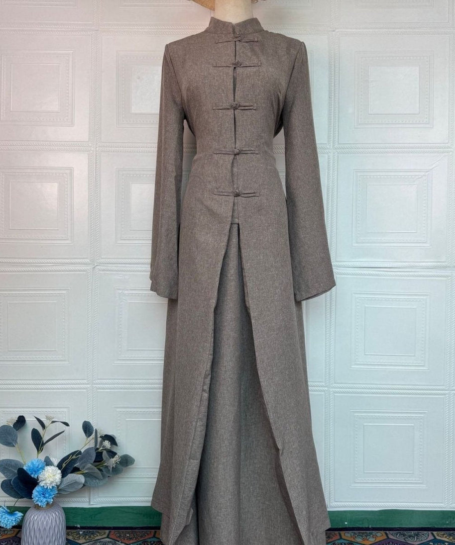 Chinese Frog Button Stand Collar Top & Wide-Leg Maxi Skirt Co-ord Set(MS483)