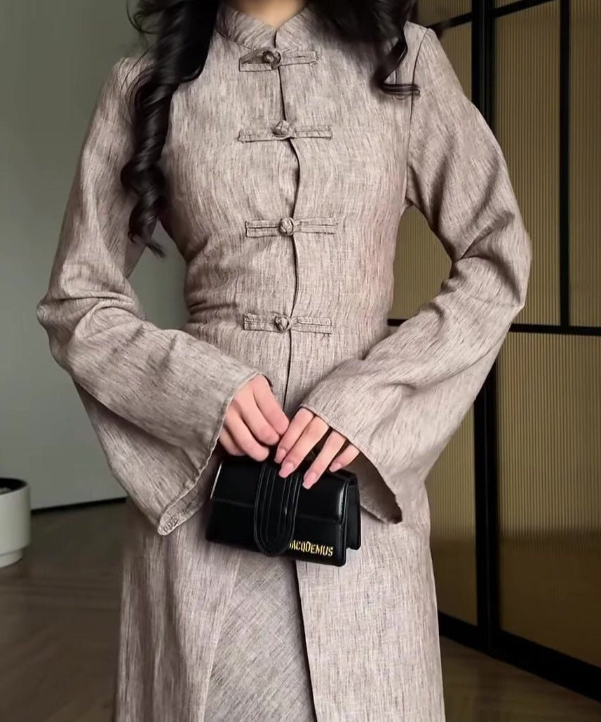 Chinese Frog Button Stand Collar Top & Wide-Leg Maxi Skirt Co-ord Set(MS483)