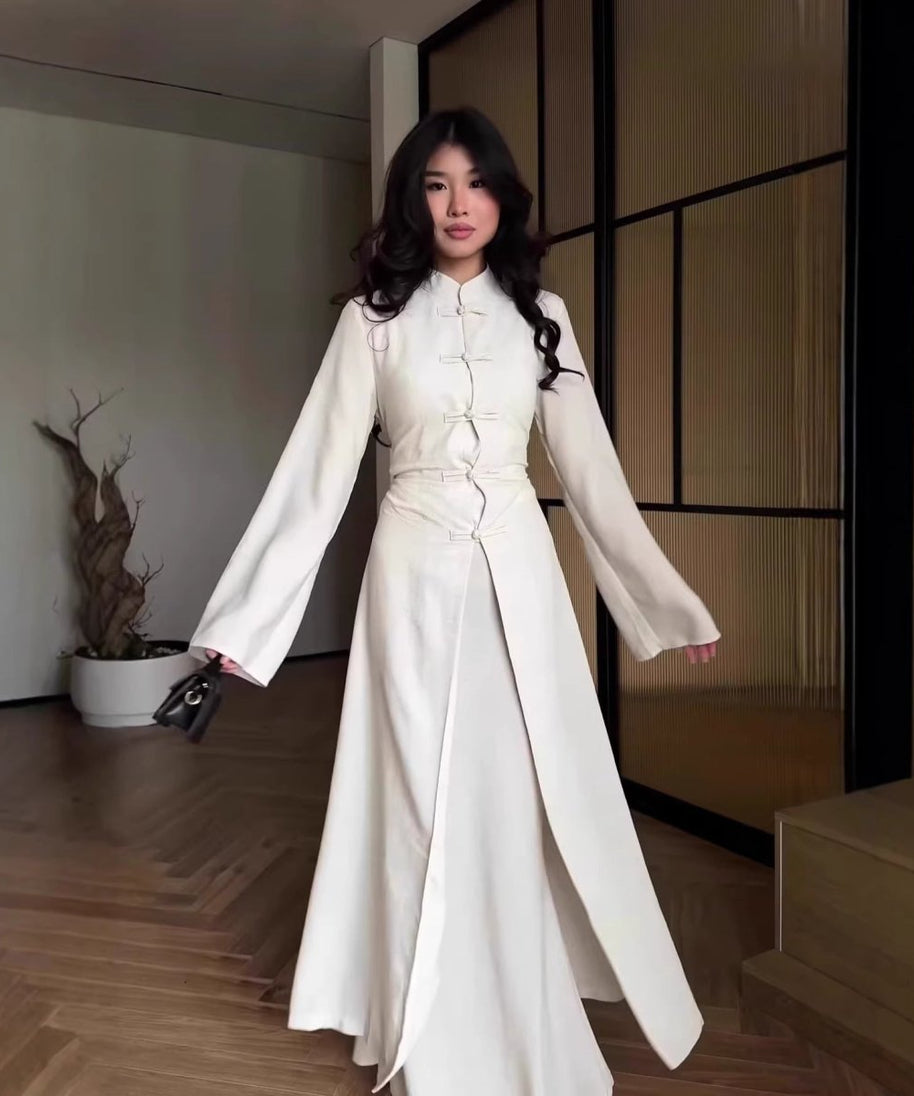 Chinese Frog Button Stand Collar Top & Wide-Leg Maxi Skirt Co-ord Set(MS483)