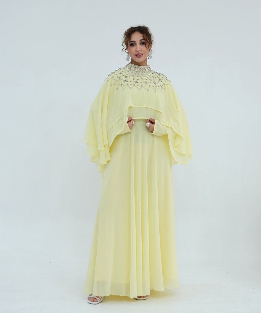 Crystal Embellished Cape Sleeve Chiffon Maxi Dress Set(MS461)
