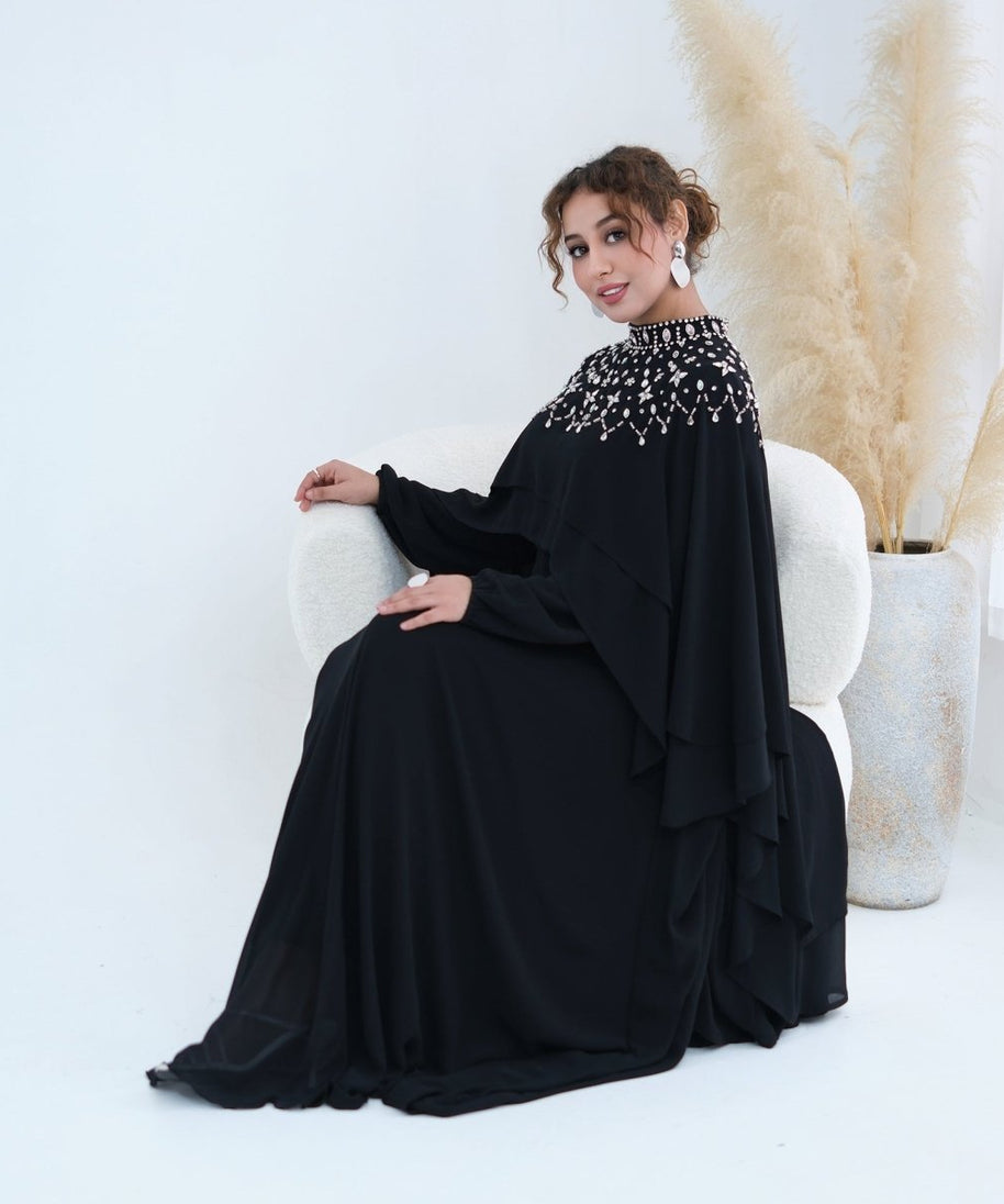 Crystal Embellished Cape Sleeve Chiffon Maxi Dress Set(MS461)