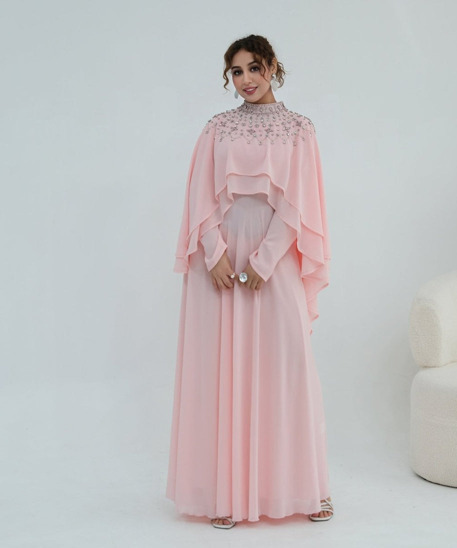 Crystal Embellished Cape Sleeve Chiffon Maxi Dress Set(MS461)
