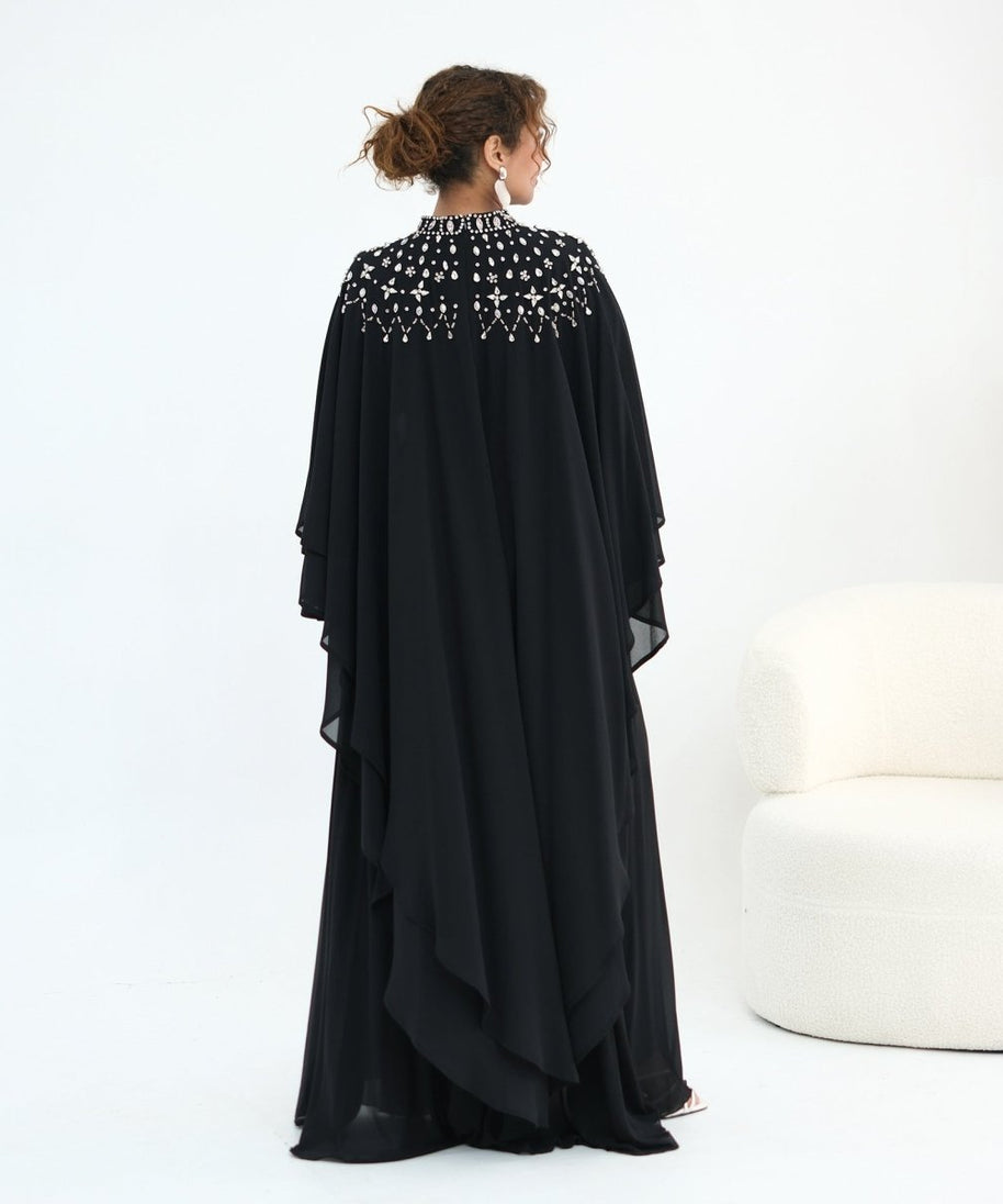 Crystal Embellished Cape Sleeve Chiffon Maxi Dress Set(MS461)