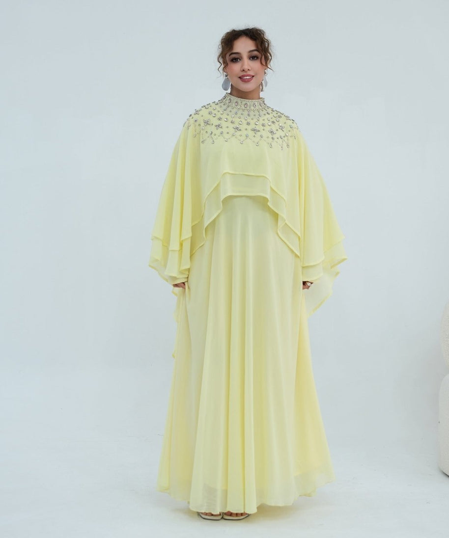 Crystal Embellished Cape Sleeve Chiffon Maxi Dress Set(MS461)